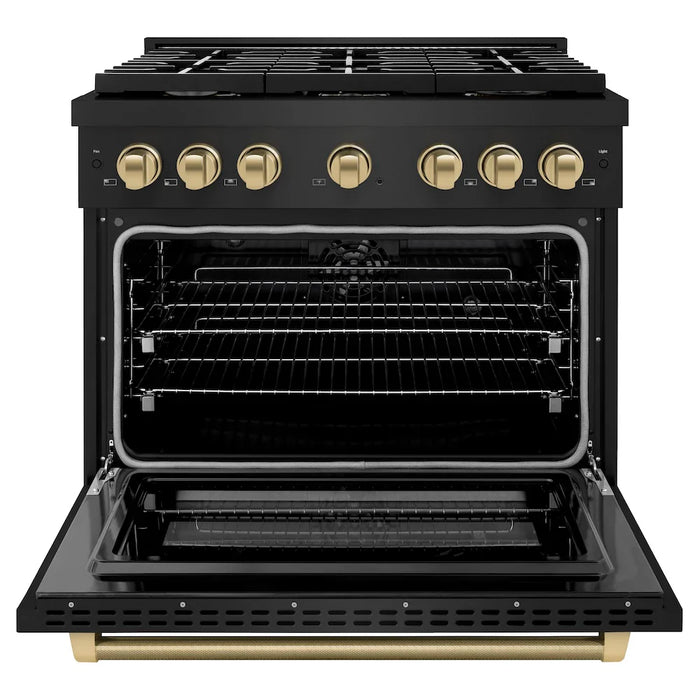 ZLINE Autograph Edition 36" Paramount Dual Fuel Range, 6 Burner Gas Cooktop, Electric Convection Oven, Black Stainless Steel, Helix Handle and Knob SDRBZ-36-KCB09K