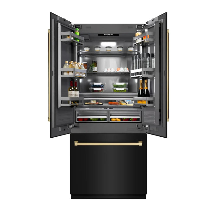 ZLINE Autograph Edition 36" French Door Built-In Bottom Freezer Refrigerator, Water Dispenser, Ice Maker, Black Stainless Steel, Graphite Gray Interior, Helix Handles GRBIVZ-BS36KCB09K