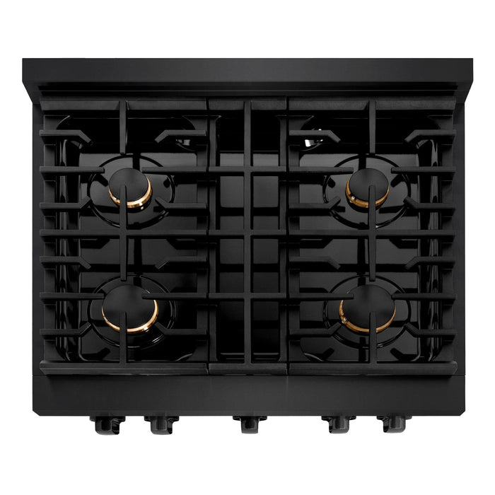 ZLINE 30"Paramount Dual Fuel Range Black Stainless Steel, Brass Burners SDRB-BR-3009K