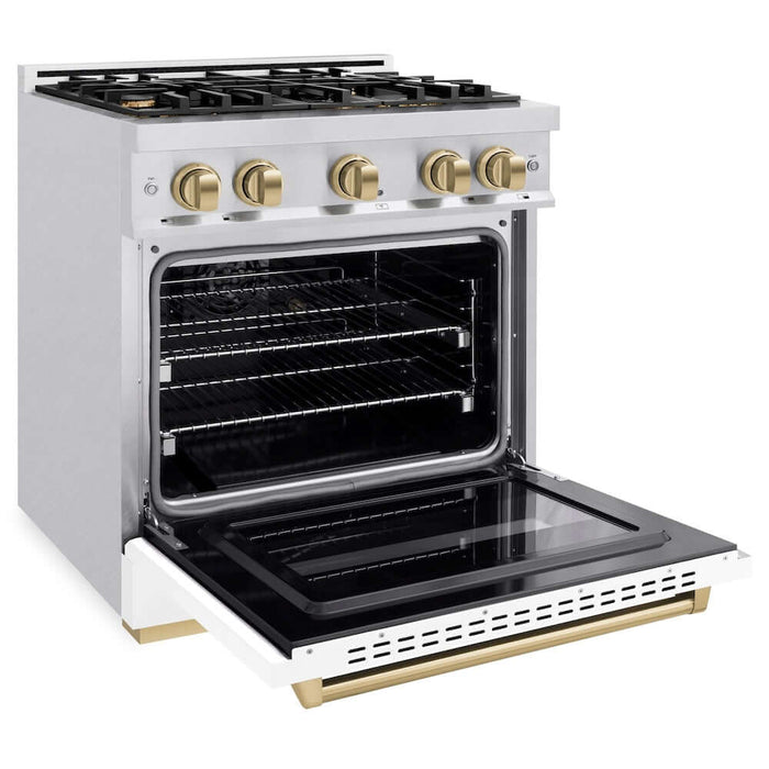 ZLINE 36" Dual Fuel Range, Gas Cooktop, Electric Convection Oven DuraSnow® Stainless Steel, White Matte Door Matte Black CDRSZ-WM-36-MB09K
