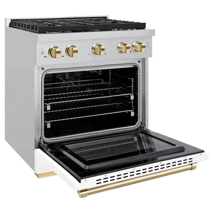 ZLINE 30"Gas Range, Convection Oven White Matte, Polished Gold, SGRZ-WM-30-G09K