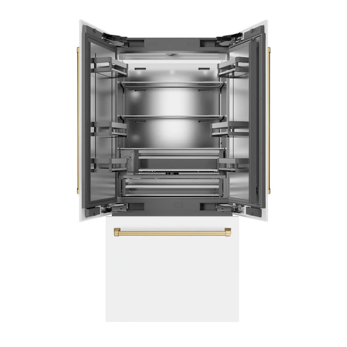 ZLINE 36" French Door Built-In Bottom Freezer Refrigerator, Water Dispenser, Ice Maker, White Matte, Stainless Steel, Accents SRBIVZ-WM-36-CB09K