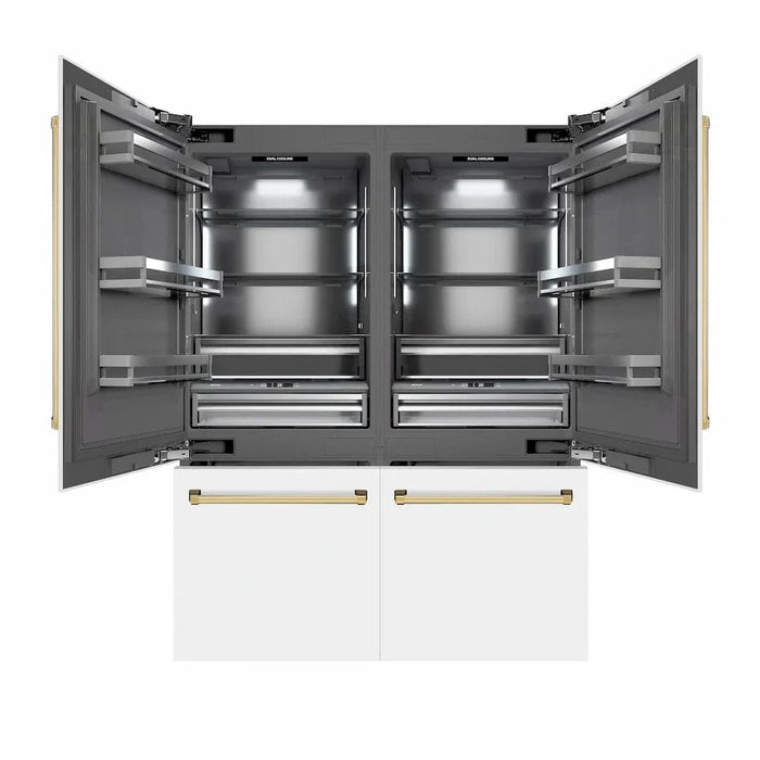 ZLINE 60" Built-In Bottom Freezer Refrigerator with Water Dispenser, Ice Maker, White Matte, Graphite Gray Interior, Polished Gold GRBIVZ-WM-60-G09K
