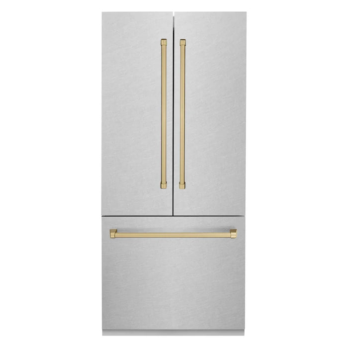 ZLINE Autograph Edition 36" French Door Built-In Bottom Freezer Refrigerator, Water Dispenser, Ice Maker, Satin Stainless Steel, Accents RBIVZ-SN-36-CB09K
