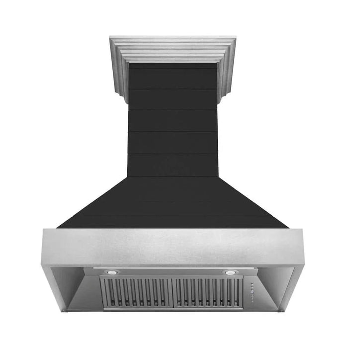 ZLINE Wooden Wall Mount Range Hood Rustic Shiplap Black Finish, Stainless Steel Accents 365CC-3009K