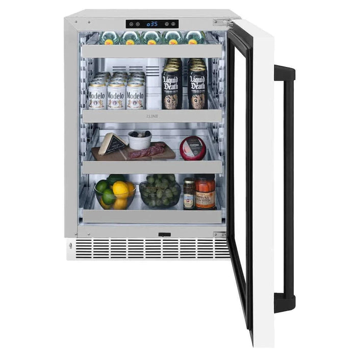 ZLINE 24" Touchstone 151 Can Beverage Fridge White Matte Glass Door Matte Black Handle RBSOZ-WM-24-MB09K