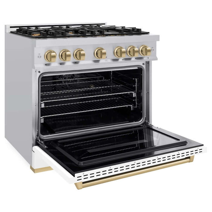 ZLINE 36" Dual Fuel Range, Gas Cooktop, Electric Convection Oven Stainless Steel, Matte White Door Champagne Bronze CDRZ-WM-36-CB09K