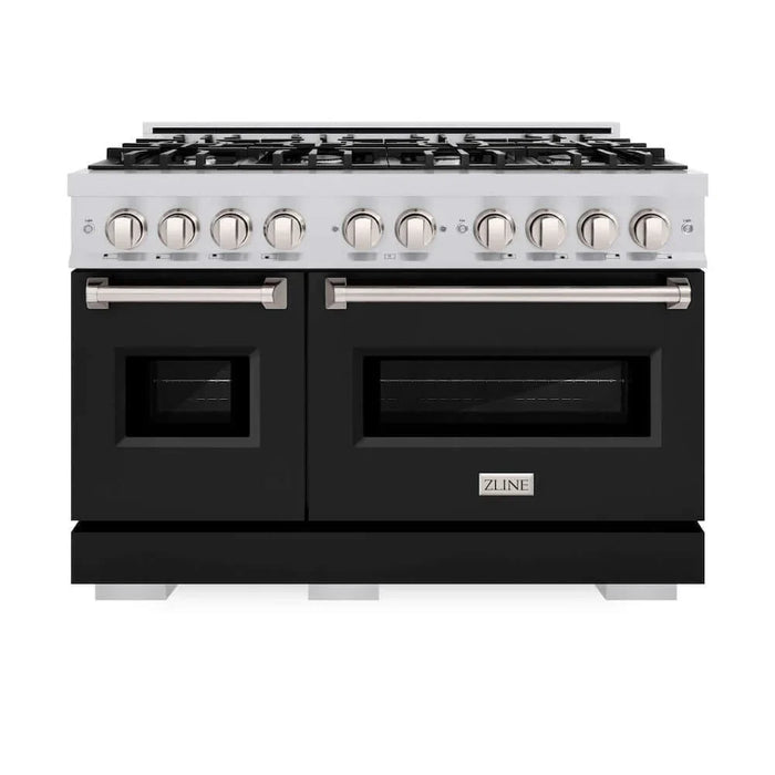 ZLINE 48"Classic Gas Range, Convection Gas Oven, Satin Stainless Steel, Black Matte Door CGRS-BLM-4809K