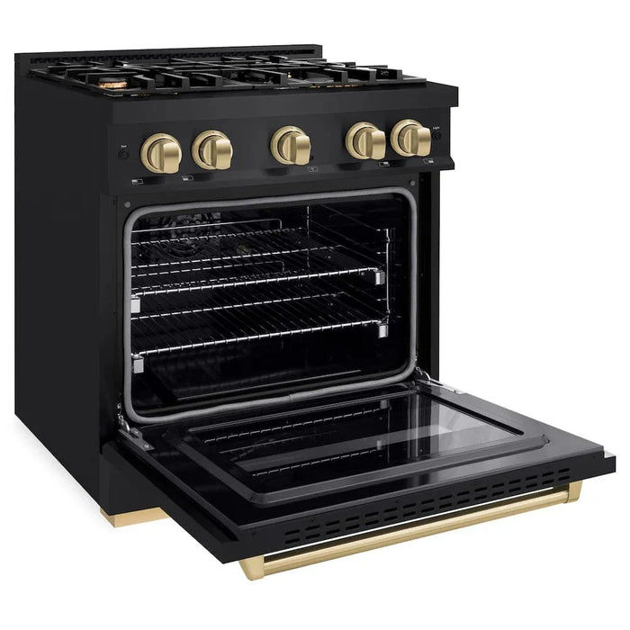 ZLINE 30" Dual Fuel Range, Gas Cooktop, Electric Convection Oven Black Stainless Steel, Champagne Bronze CDRBZ-30-CB09K