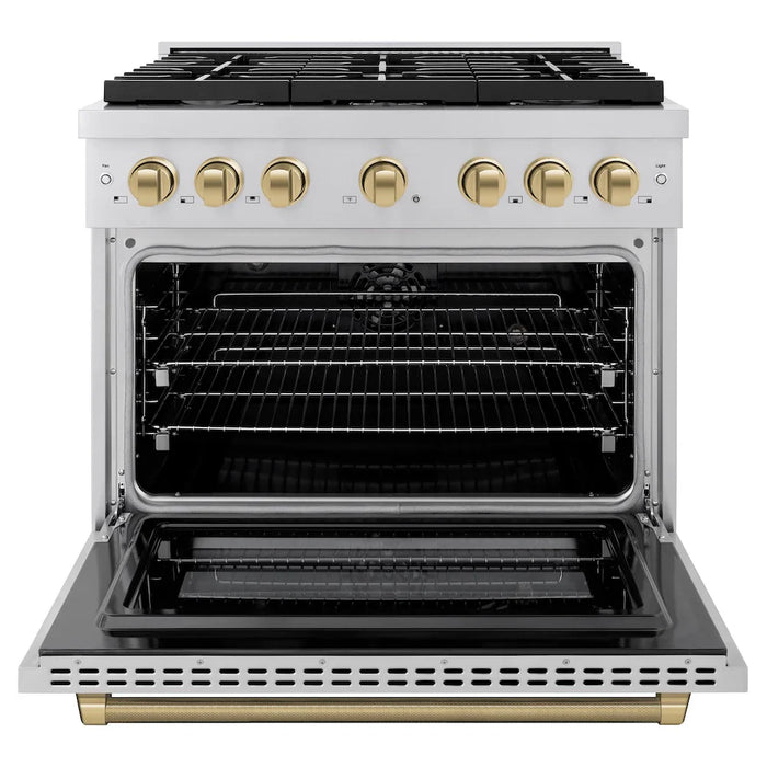 ZLINE Autograph Edition 36" Paramount Dual Fuel Range, 6 Burner Gas Cooktop, Electric Convection Oven, Stainless Steel, Helix Handle and Knob SDRZ-36-KCB09K