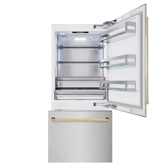 ZLINE 36" Built-In Bottom Freezer Refrigerator,Water Dispenser, Ice Maker, DuraSnow® Polished Gold RBITZ-SN-36-G09K