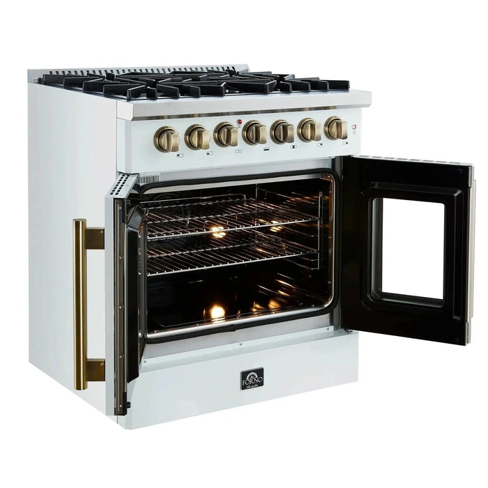 Forno Galiano 30"French Door Dual Fuel Range 5 Gas Burners, Electric Convection Oven White, Antique Brass Trim, FFSGS6356-30WHT09K