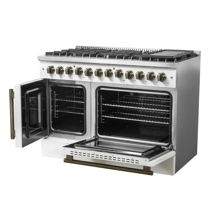 Forno Galiano 48" French Door Dual Fuel Range, 8 Burners, Electric Convection Oven, White Antique Brass Trim, FFSGS6356-48WHT09K