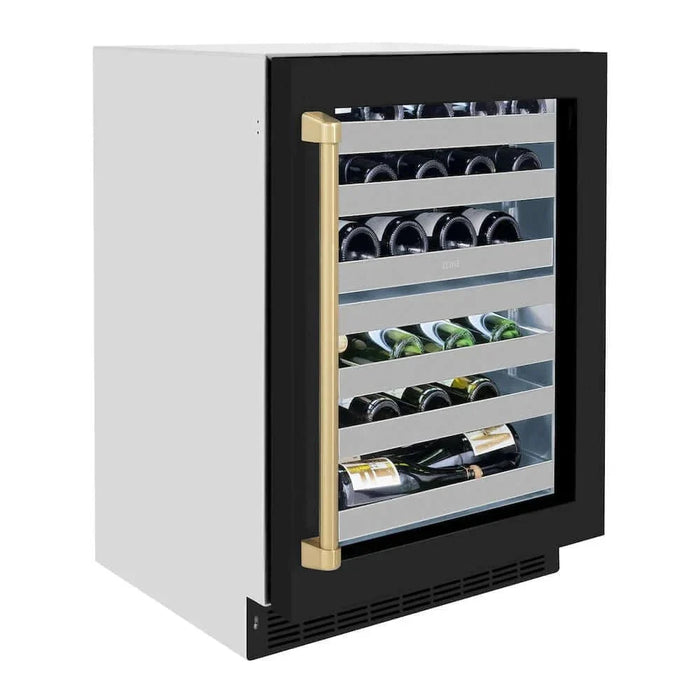 ZLINE 24" Touchstone Dual Zone 44 Bottle Wine Cooler Black Matte Glass Door Champagne Bronze Handle RWDOZ-BLM-24-CB09K