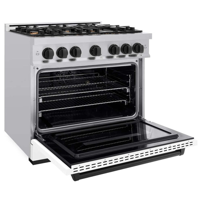 ZLINE 36" Dual Fuel Range, Gas Cooktop, Electric Convection Oven Stainless Steel, Matte White Door Matte Black CDRZ-WM-36-MB09K