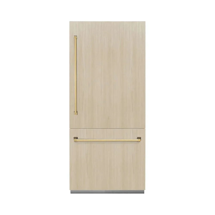 ZLINE 36" Panel Ready Built-In Bottom Freezer Refrigerator,Water Dispenser, Ice Maker, Polished Gold RBITZ-36-G09K