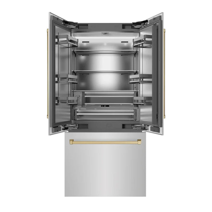 ZLINE 36" French Door Built-In Bottom Freezer Refrigerator, Water Dispenser, Ice Maker, Satin Stainless Steel, Accents SRBIVZ-SN-36-CB09K