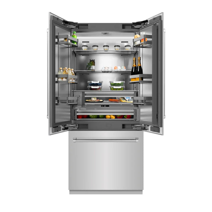 ZLINE 36" Panel Ready French Door Built-In Bottom Freezer Refrigerator, Water Dispenser, Ice Maker, Stainless Steel Interior SRBIV-3609K