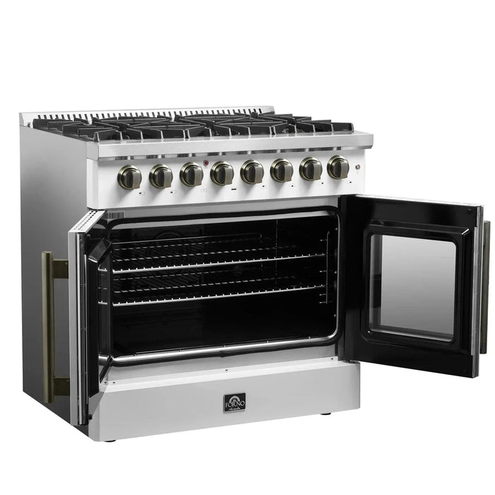 Forno Galiano 36"French DoorDual Fuel Range, Gas Stove, Electric Oven White, Antique Brass Trim, FFSGS6356-36WHT09K
