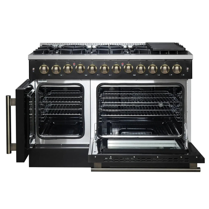 Forno Galiano 48" French Door Dual Fuel Range, 8 Burners, Electric Convection Oven, Black Antique Brass Trim, FFSGS6356-48BLK09K