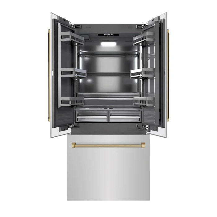 ZLINE Autograph Edition 36" French Door Built-In Bottom Freezer Refrigerator, Water Dispenser, Ice Maker, Stainless Steel, Graphite Gray Interior, Helix Handles GRBIVZ-30436KCB09K