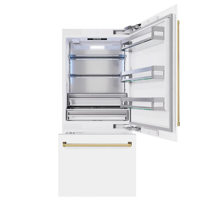 ZLINE 36" Built-In Bottom Freezer Refrigerator,Water Dispenser, Ice Maker, White Matte Polished Gold RBITZ-WM-36-G09K