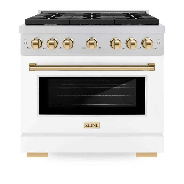 ZLINE 36"Paramount Dual Fuel Range DuraSnow® White Matte, Gold SDRSZ-WM-36-G09K