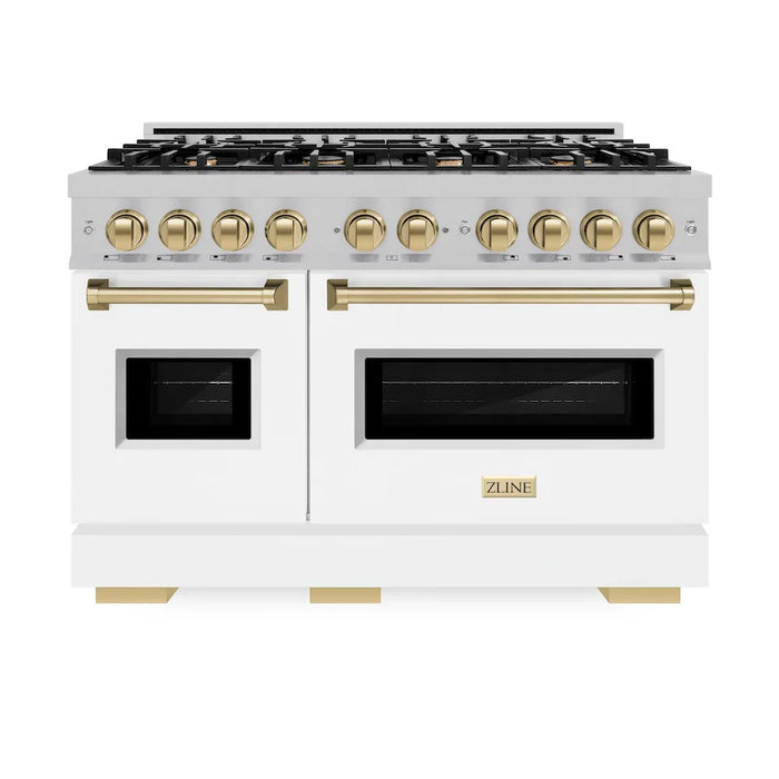 ZLINE 48"Classic Gas Range, Convection Gas Oven, Satin Stainless Steel, White Matte Door, Accents CGRSZ-WM-48-CB09K