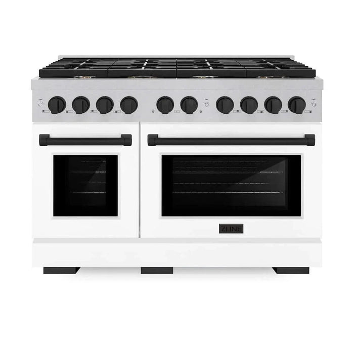 ZLINE 48"Gas Range, Convection Gas Oven, DuraSnow® White Matte, Matte Black SGRSZ-WM-48-MB09K
