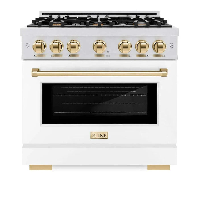 ZLINE 36" Select Dual Fuel Range Gas Cooktop Electric Convection Oven DuraSnow® Stainless Steel White Matte Door Polished Gold HDRSZ-WM-36-G09K