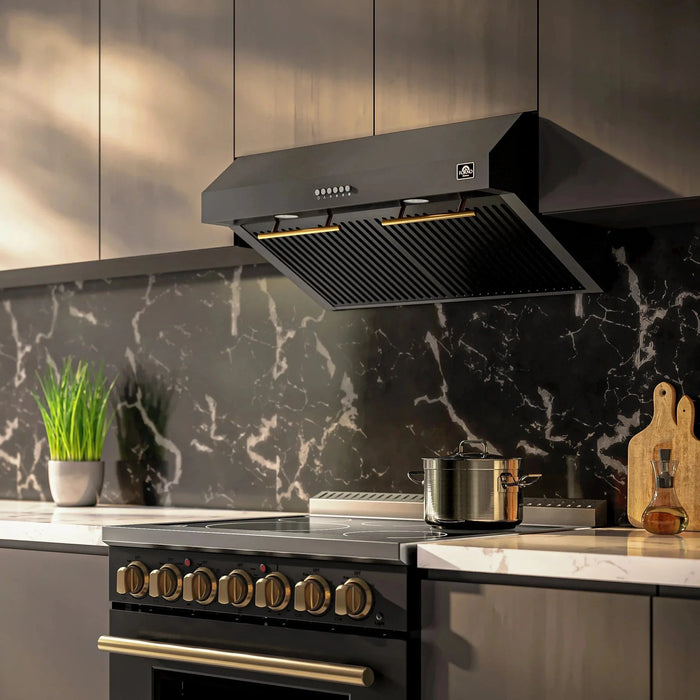 Forno Espresso Package - 30" Electric Range, Range Hood, Refrigerator and Dishwasher in Black with Silver Handles, FBDL-006-02US09K