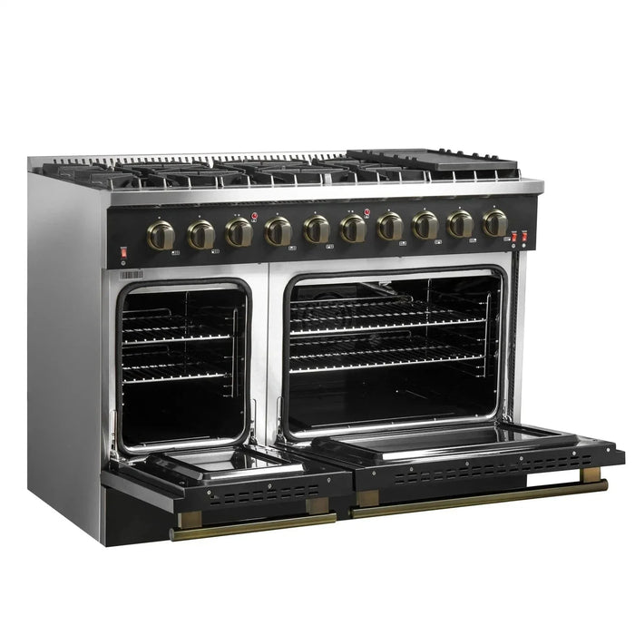 Forno Galiano 48"French Door Freestanding All Gas Range, Black with Antique Brass Trim, FFSGS6444-48BLK09K