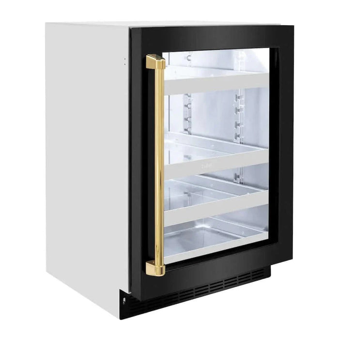 ZLINE 24" Touchstone 151 Can Beverage Fridge Black Stainless Steel Glass Door Gold Handle RBSOZ-BS-24-G09K