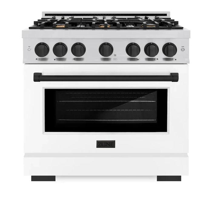 ZLINE 36"" Select Dual Fuel Range Gas Cooktop Electric Convection Oven Stainless Steel White Matte Doors Matte Black HDRZ-WM-36-MB09K
