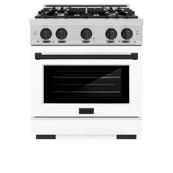 ZLINE 30" Select Dual Fuel Range Gas Cooktop Electric Convection Oven Stainless Steel White Matte Doors Matte Black HDRZ-WM-30-MB09K