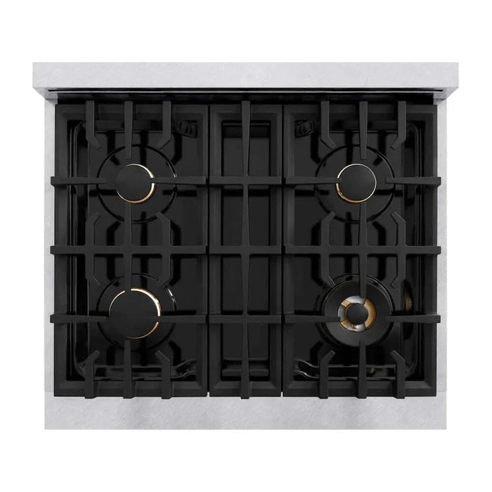 ZLINE 36" Dual Fuel Range, Gas Cooktop, Electric Convection Oven DuraSnow® Stainless Steel, White Matte Door Matte Black CDRSZ-WM-36-MB09K