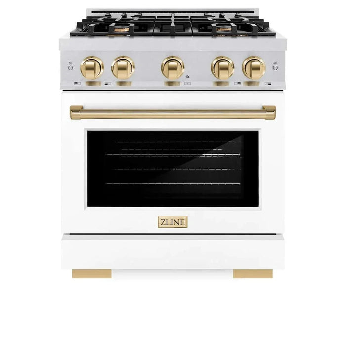 ZLINE 30" Select Gas Range Convection Gas Oven DuraSnow® Stainless Steel White Matte Door Polished Gold HGRSZ-WM-30-G09K