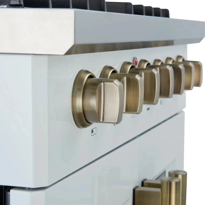 Forno Galiano 30"French Door Dual Fuel Range 5 Gas Burners, Electric Convection Oven White, Antique Brass Trim, FFSGS6356-30WHT09K