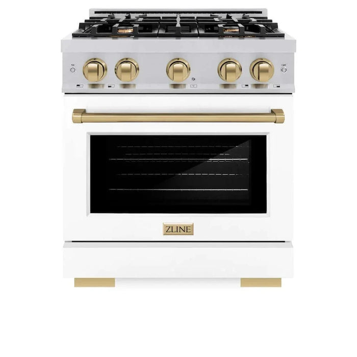 ZLINE 30" Select Dual Fuel Range Gas Cooktop Electric Convection Oven Stainless Steel White Matte Doors Champagne Bronze HDRZ-WM-30-CB09K