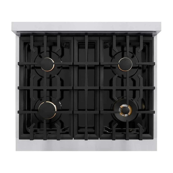 ZLINE 30" Classic Gas Range, Convection Gas Oven Stainless Steel, White Matte Door Polished Gold CGRZ-WM-30-G09K
