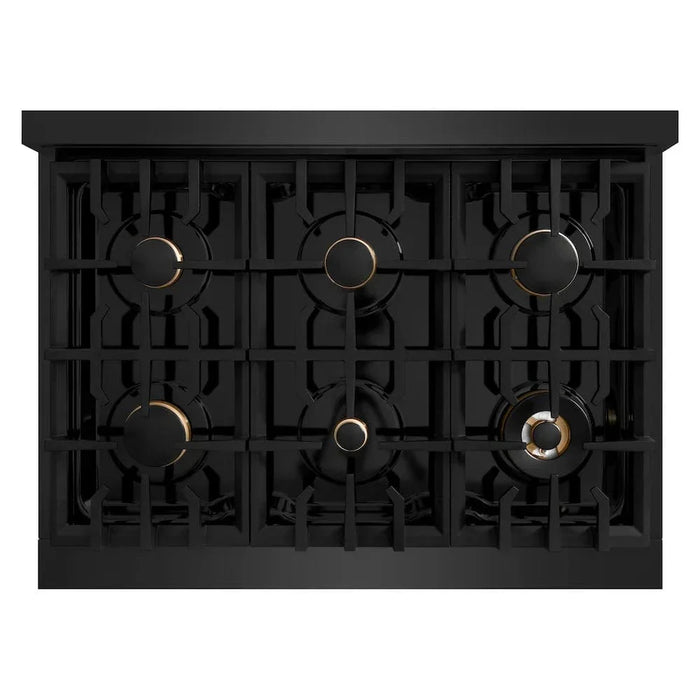 ZLINE 36" Dual Fuel Range, Gas Cooktop, Electric Convection Oven Black Stainless Steel, Gold CDRBZ-36-G09K