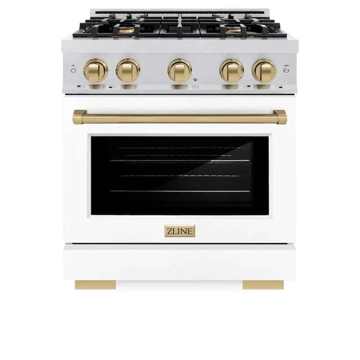 ZLINE 30" Select Gas Range Convection Gas Oven DuraSnow® Stainless Steel White Matte Door Champagne Bronze HGRSZ-WM-30-CB09K