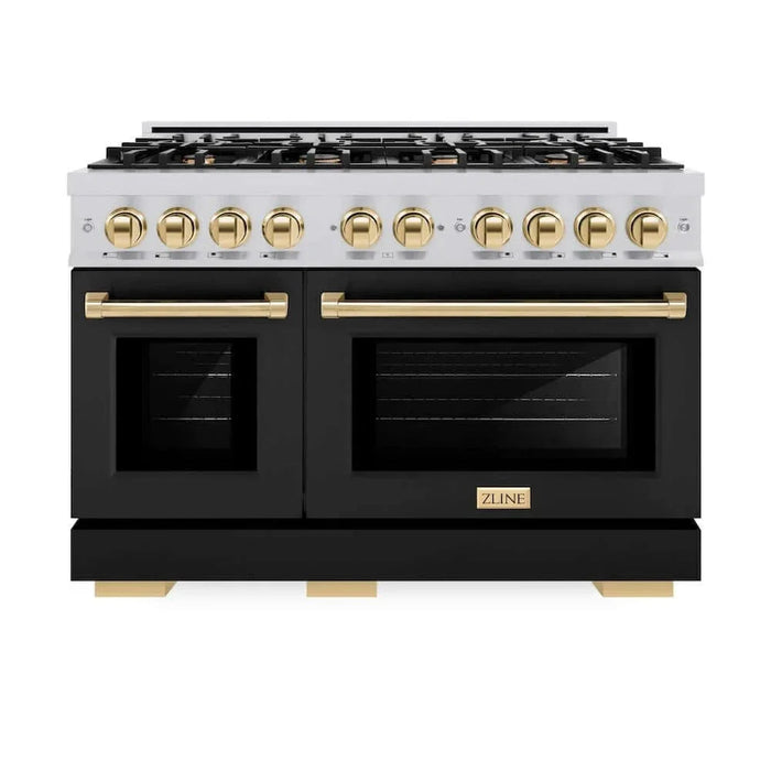 ZLINE 48" Select Dual Fuel Range Gas Cooktop Electric Convection Oven Stainless Steel Black Matte Doors Gold HDRZ-BLM-48-G09K