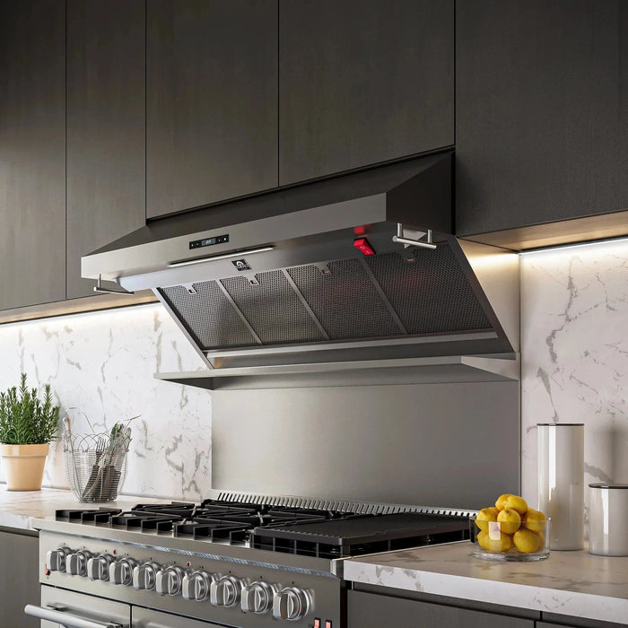 Forno Appliance Package - 48 Inch Pro Gas Range, Wall Mount Range Hood, Refrigerator FBDL-019-05US09K