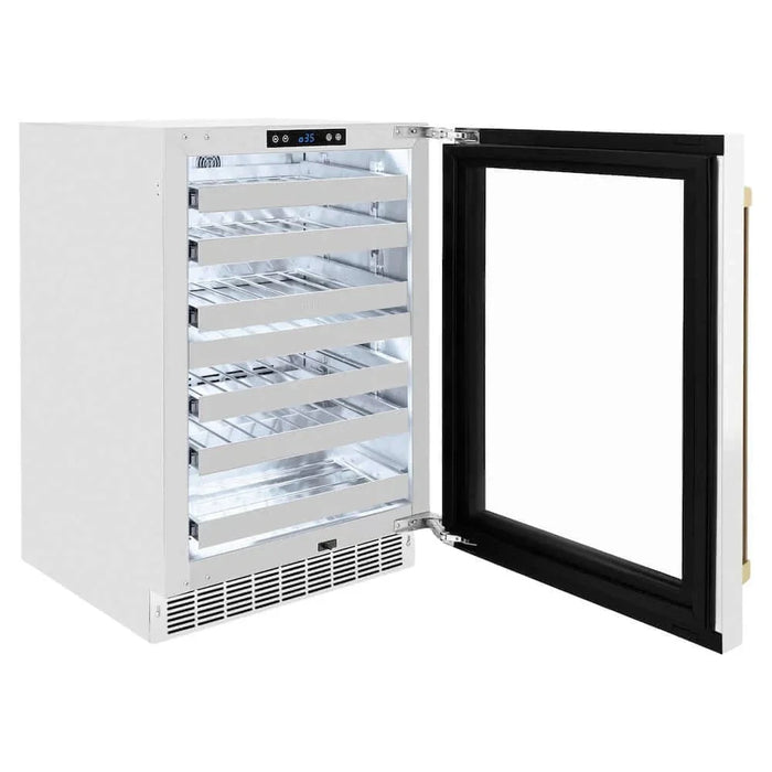 ZLINE 24" Touchstone Dual Zone 44 Bottle Wine Cooler White Matte Glass Door Champagne Bronze Handle RWDOZ-WM-24-CB09K
