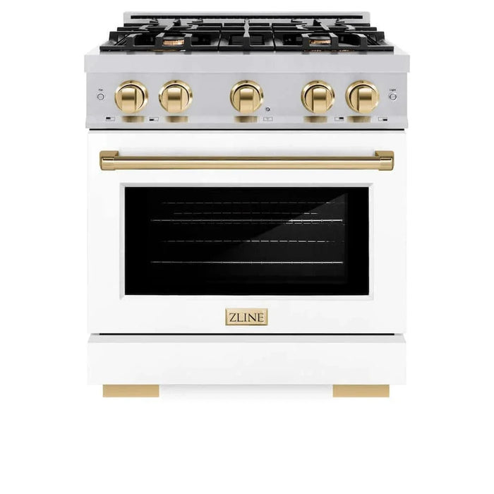ZLINE 30" Select Dual Fuel Range Gas Cooktop Electric Convection Oven Stainless Steel White Matte Doors Polished Gold HDRZ-WM-30-G09K