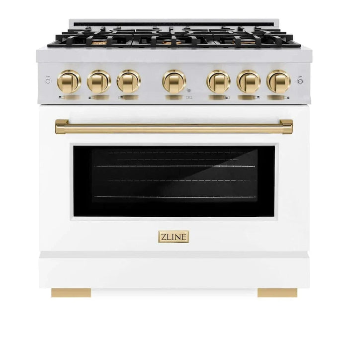 ZLINE 36"" Select Dual Fuel Range Gas Cooktop Electric Convection Oven Stainless Steel White Matte Doors Polished Gold HDRZ-WM-36-G09K