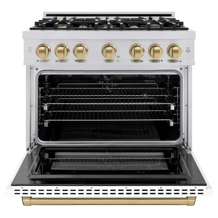 ZLINE 36"" Select Dual Fuel Range Gas Cooktop Electric Convection Oven Stainless Steel White Matte Doors Champagne Bronze HDRZ-WM-36-CB09K