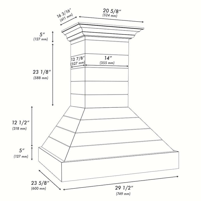 ZLINE Wooden Wall Mount Range Hood Rustic Shiplap Black Finish, Stainless Steel Accents 365CC-3009K