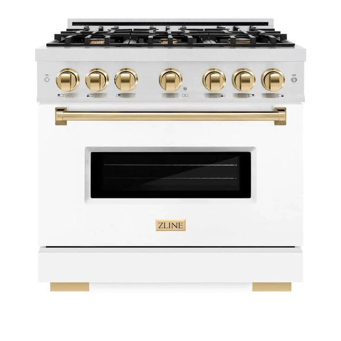 ZLINE 36"Classic Gas Range, Convection Gas Oven, DuraSnow® Stainless Steel, White Matte Door Polished Gold CGRSZ-WM-36-G09K